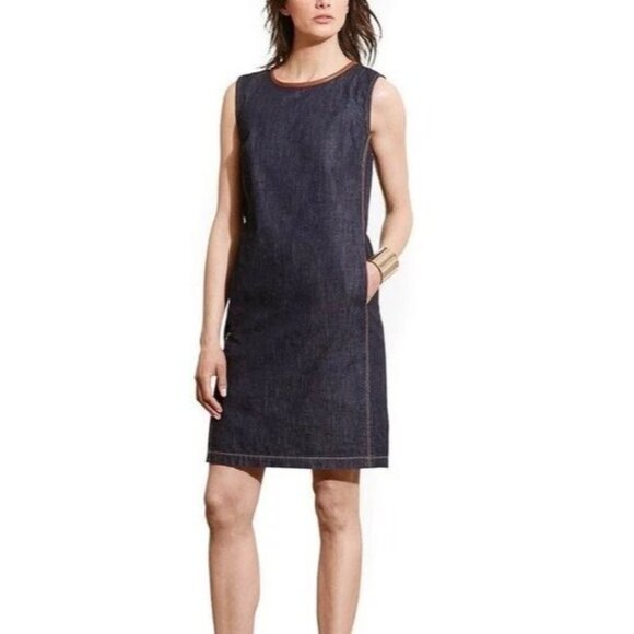 Lauren Ralph Lauren Womens 4 Denim Shift Dress Sheep Leather Trim Sleeveless - Picture 2 of 13